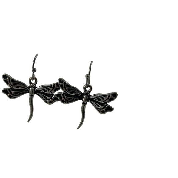 Silver Tone Dragon Fly Dangle Earrings Textured Nature Hooks 1" - Picture 7 of 7